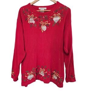 Vintage Christmas Sweater Women XL Red Embroidered Ornaments Holiday Beaded Glam